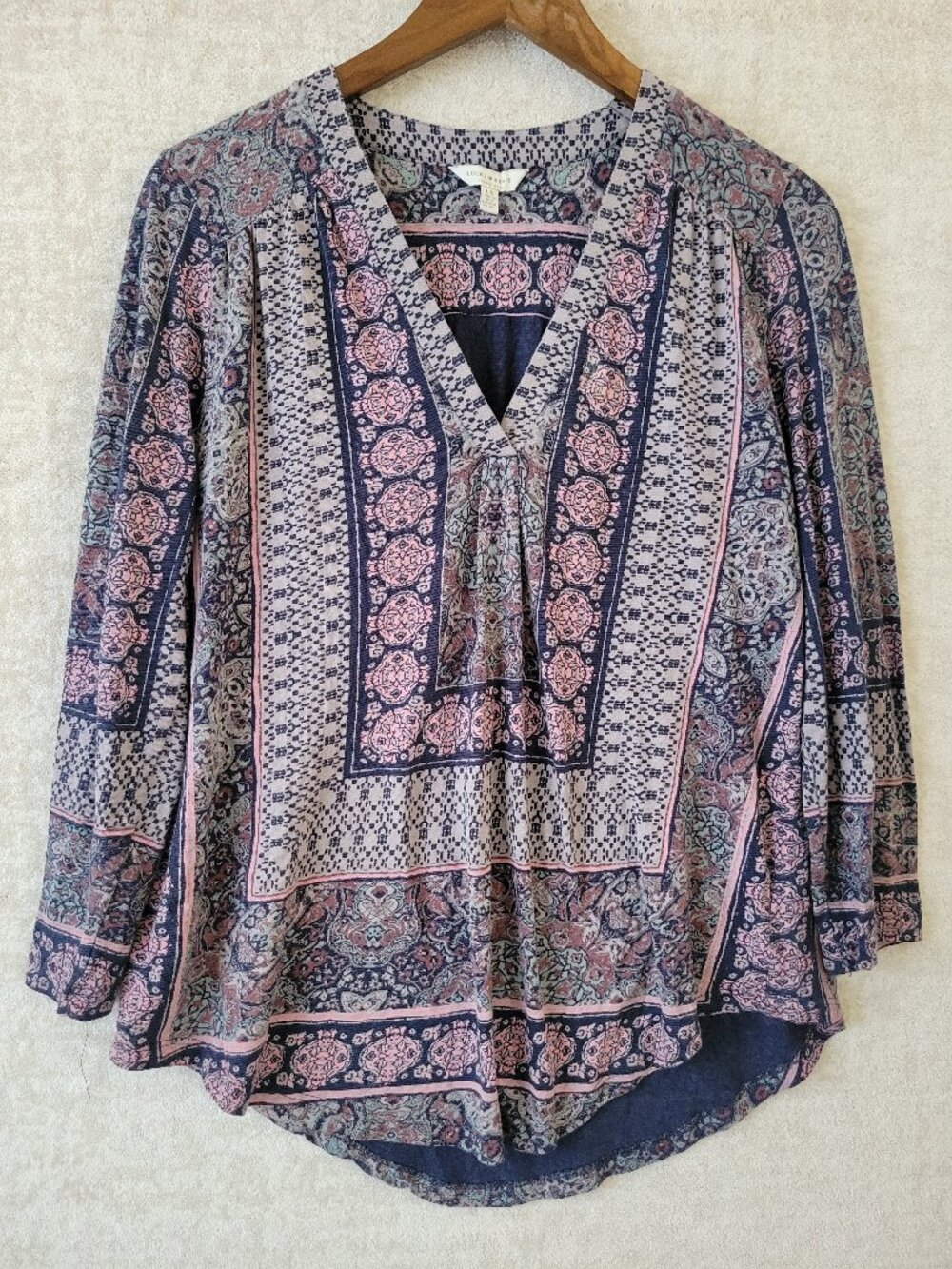 Lucky Brand Boho Paisley Border Print Split V-Neck Peasant Blouse Large
